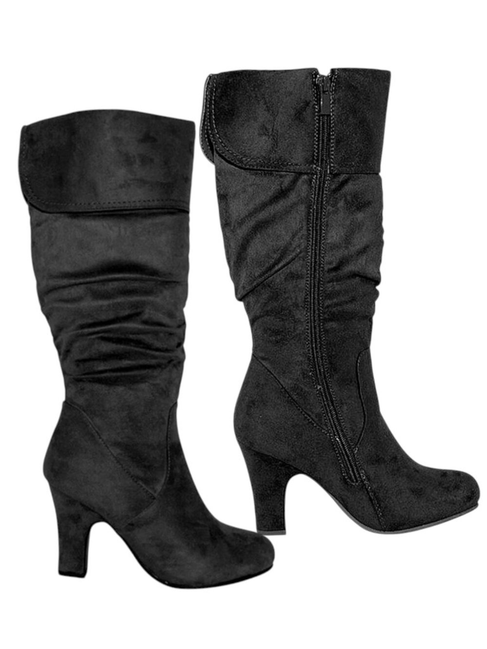 Black Slouch Knee-High Soft Faux Suede Boots with Asymmetric Fold-Over Shaft